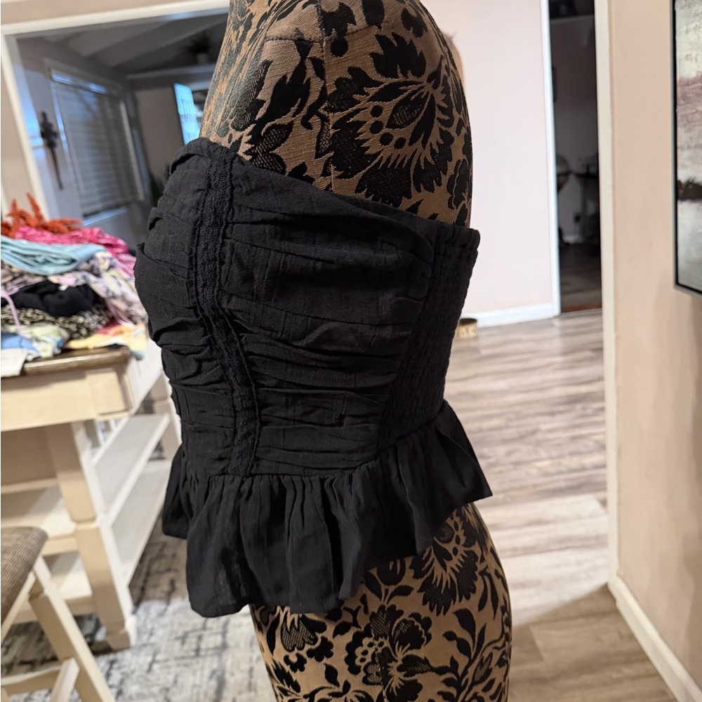 Free People Black Ruched Strapless Peplum‎ Smocked Top Medium - Picture 4 of 7